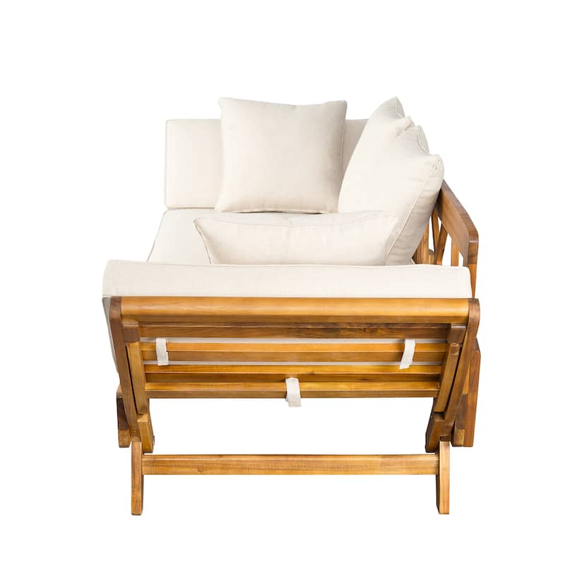 Roomfitters Outdoor Patio Daybed Sofa with Foldable Armrests, 3-Seat Acacia Wood Frame, Removable Beige Cushions