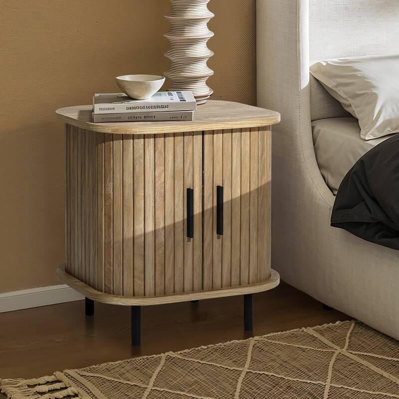 Mid-Century Modern 2-Door Nightstand and End Table with Slatted Slidng Doors