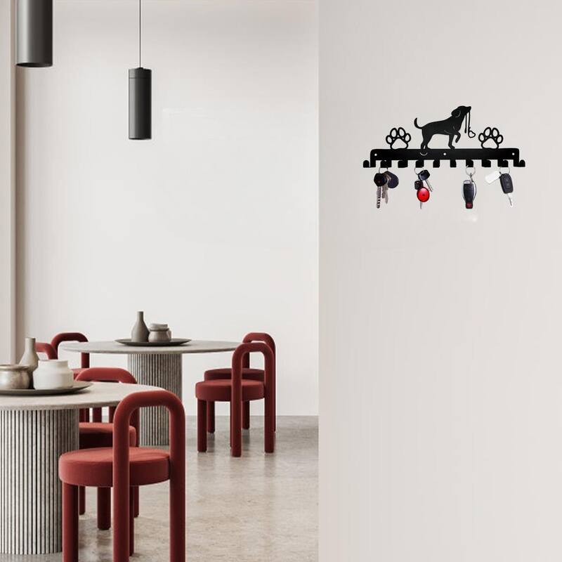 Black Metal Cute Dog Wall Hanging Storage Rack with Hooks for Home Entryway or Coat - 11.81”L x 4.96”H