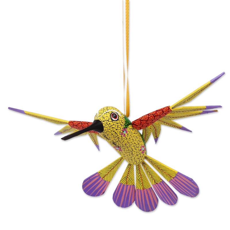 Novica Handmade Fanciful Flutter In Yellow Wood Alebrije Ornament - 3" H x 8.75" W x 7" D