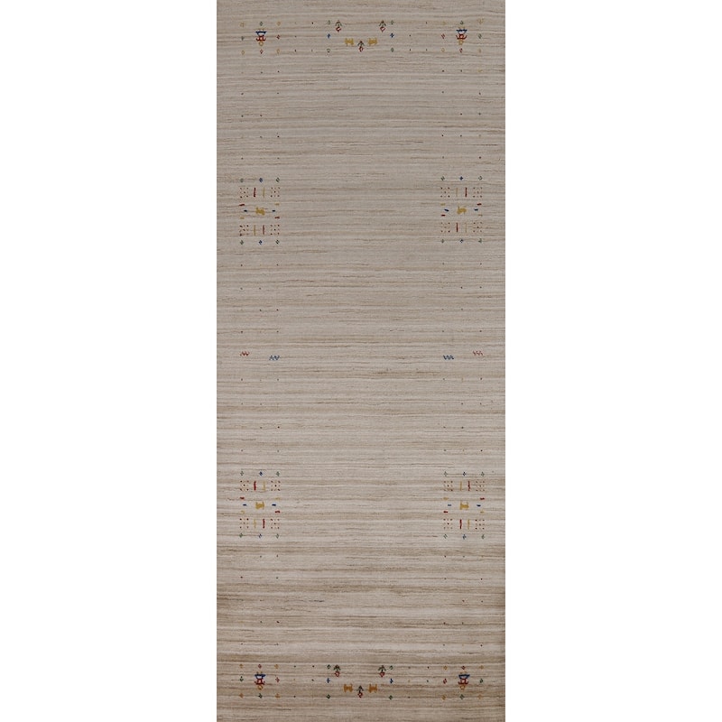 Striped Camel Gabbeh Indian Runner Rug Hand-Knotted Wool Carpet - 3'1" x 9'6"