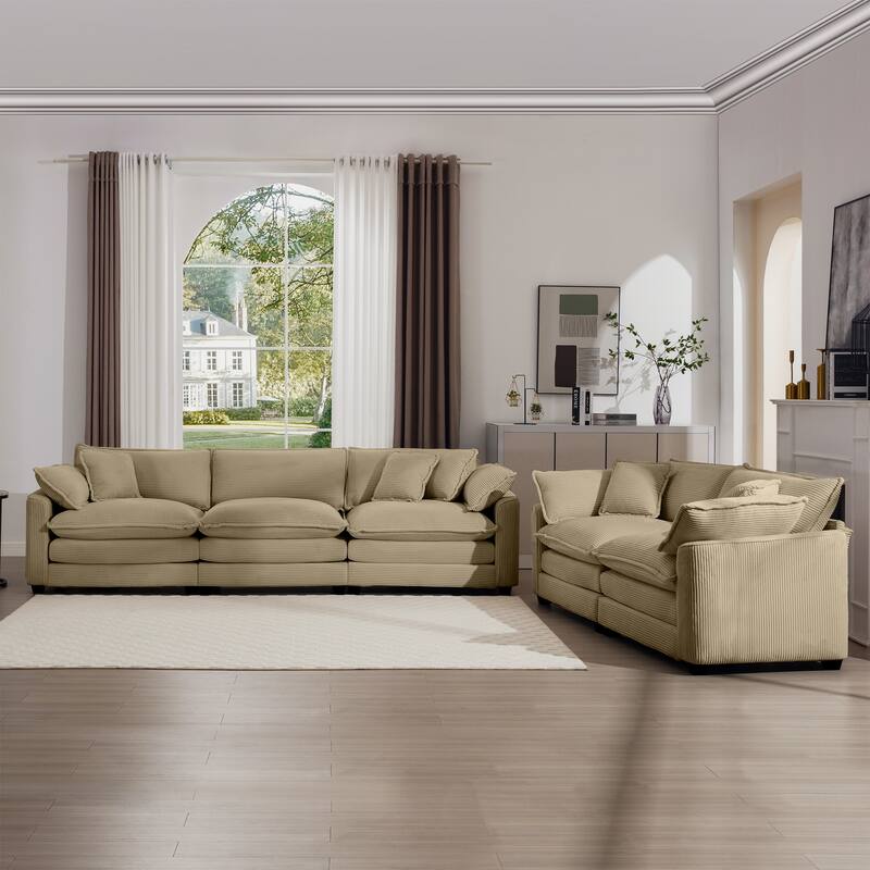 Corduroy Fabric Deep Seat Sofas Set with Throw Pillows, 3+2 Seater Flexible Combinations Sofa with Removable Armrests - Tan