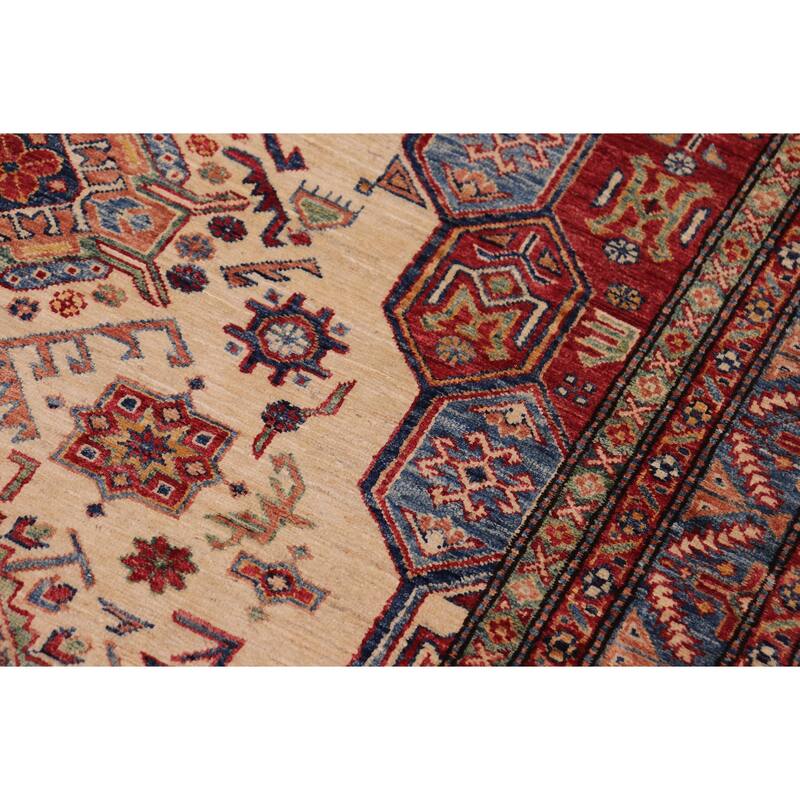 Southwestern Super Kazak Romeo Beige/Blue Hand Knotted Wool Rug - 5'5'' x 8'1''