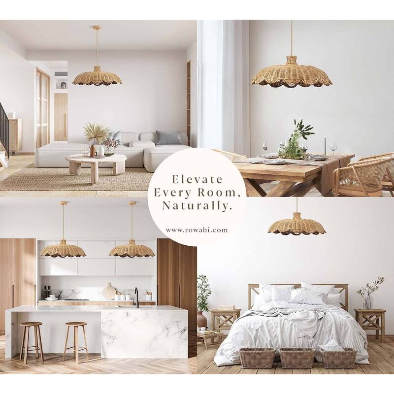 Aurelia Rattan Pendant Light - Natural Hardwired Light Fixture for Kitchen Island or Dining Room in Boho or Coastal Style - 24" - Lampshade Only - Organic Light Brown