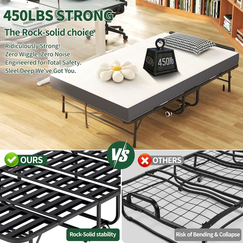 75" Wide Folding Bed with Adjustable Headboard, Extra Long Rollaway Bed, 5" Memory Foam Mattress, Heavy-Duty Guest Bed