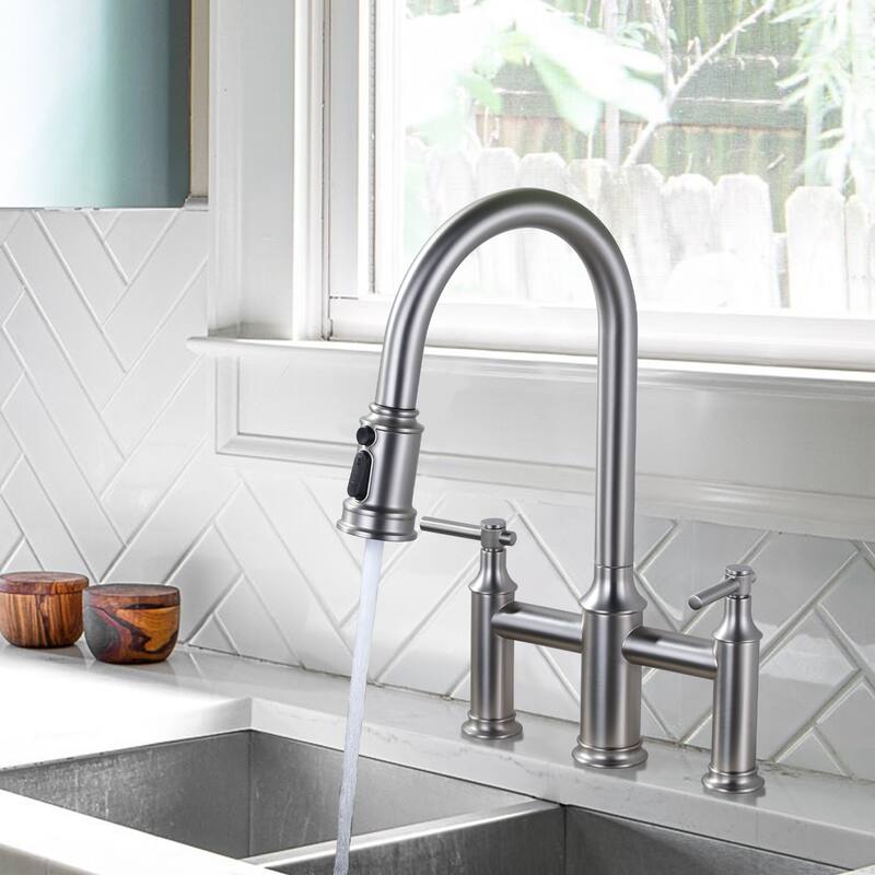 WOWOW Double Handle Pull Down Sprayer Bridge Kitchen Faucet