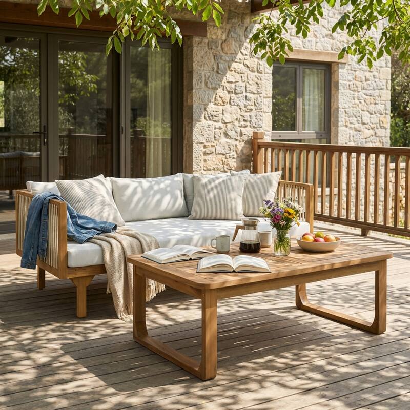 Christopher Knight Home Solenne Acacia Wood 3 Seater Daybed and Coffee Table with Cushion - Light Brown Rope - Light Teak Finish+Light Gray Cushion