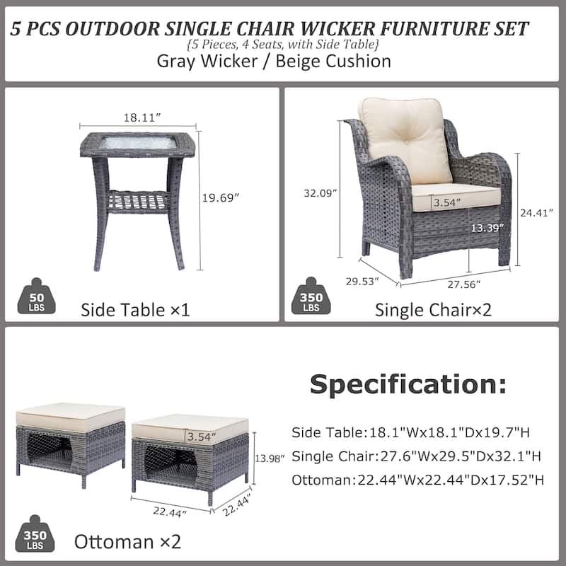 5 Piece Outdoor Patio Conversation Sets Wicker Patio Chairs with Ottoman