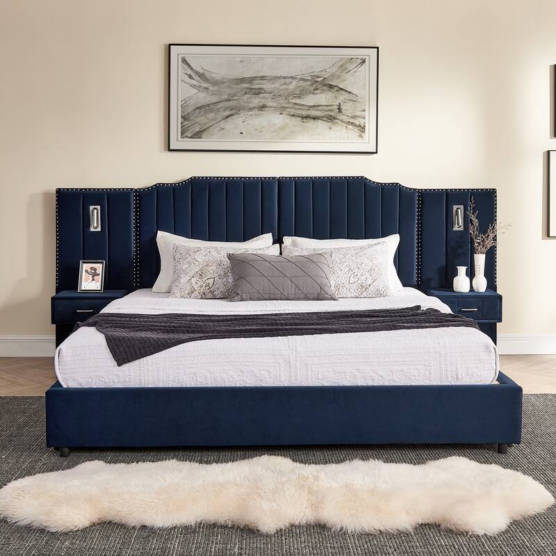 King/Queen Velvet Bed Frame with Vertical Stitch Headboard & Side Table
