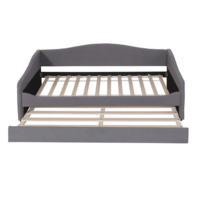 HomeRoots Gray Tufted Boucle Twin Day Bed With LED Lighting And Trundle And USB