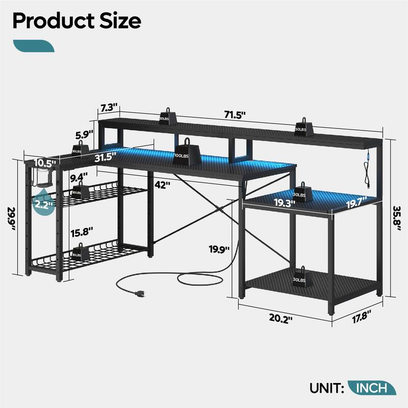 Bestier 71.5“” Computer Desk with Power Outlets, L Shaped LED Home Office Desk with Long Monitor Stand and Cup Holder & Hooks