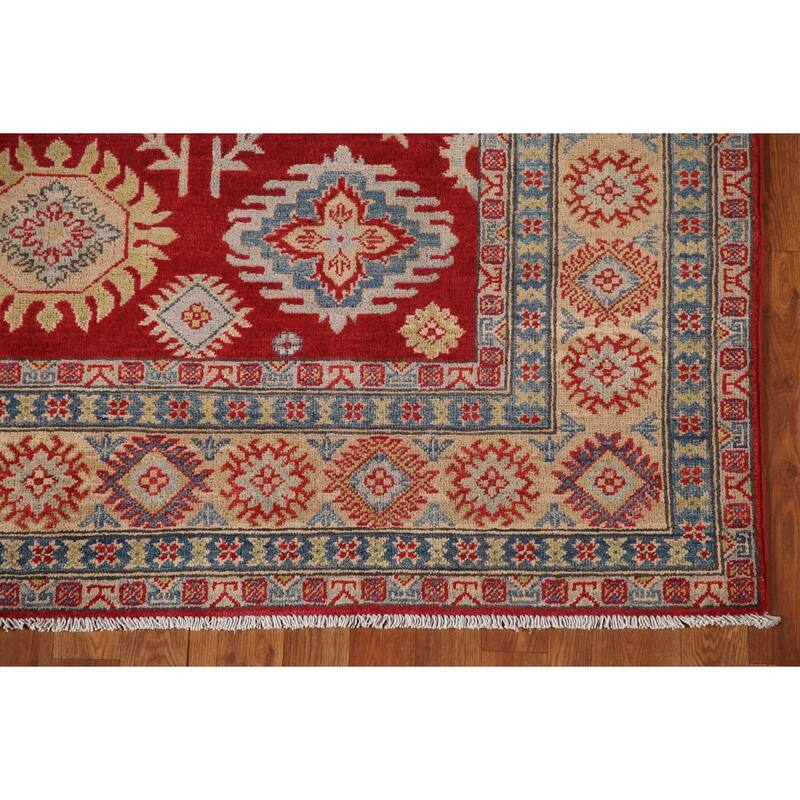 Red Geometric Kazak Area Rug Handmade Oriental Wool Carpet - 6'0" x 8'10"