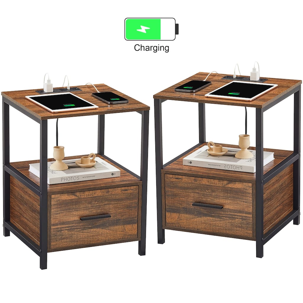 VECELO 2-Pack Nightstand Set with Charging Station 2 USB & 2 AC Outlets Compact End Table for Small Spaces (Set of 2)