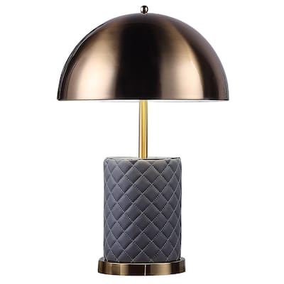 Aria 21 Inch Table Lamp, Dome Shade, Round Base, Gray Faux Leather, Brass