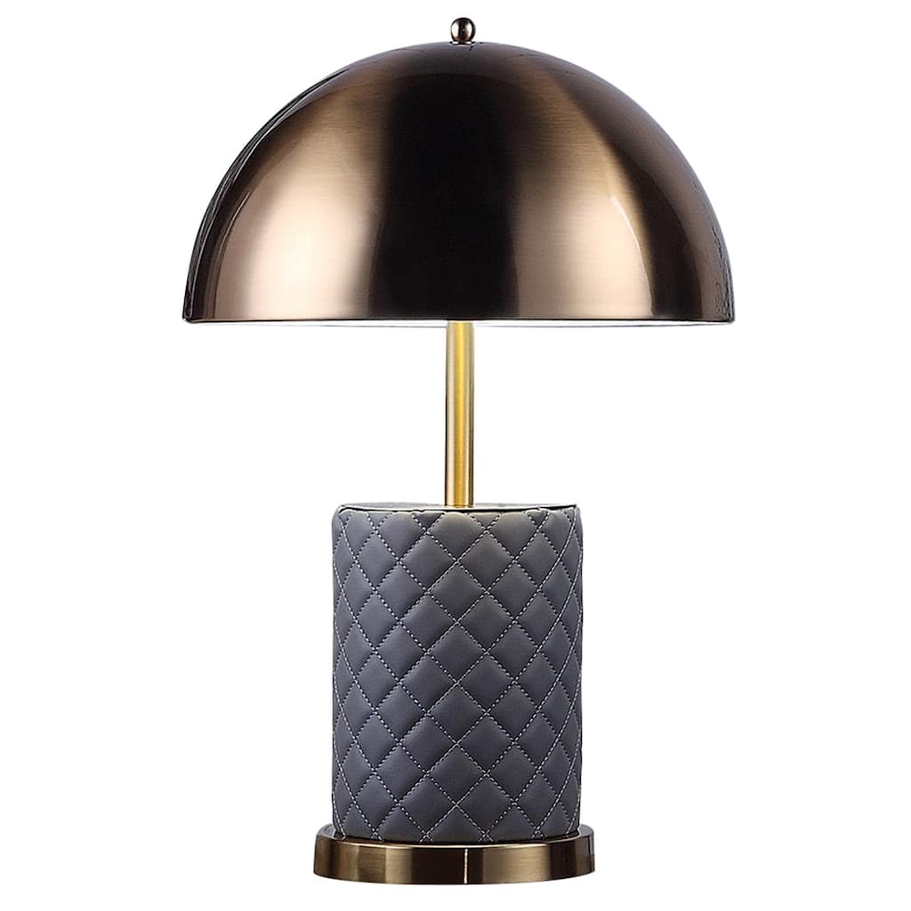 Aria 21 Inch Table Lamp, Dome Shade, Round Base, Gray Faux Leather, Brass