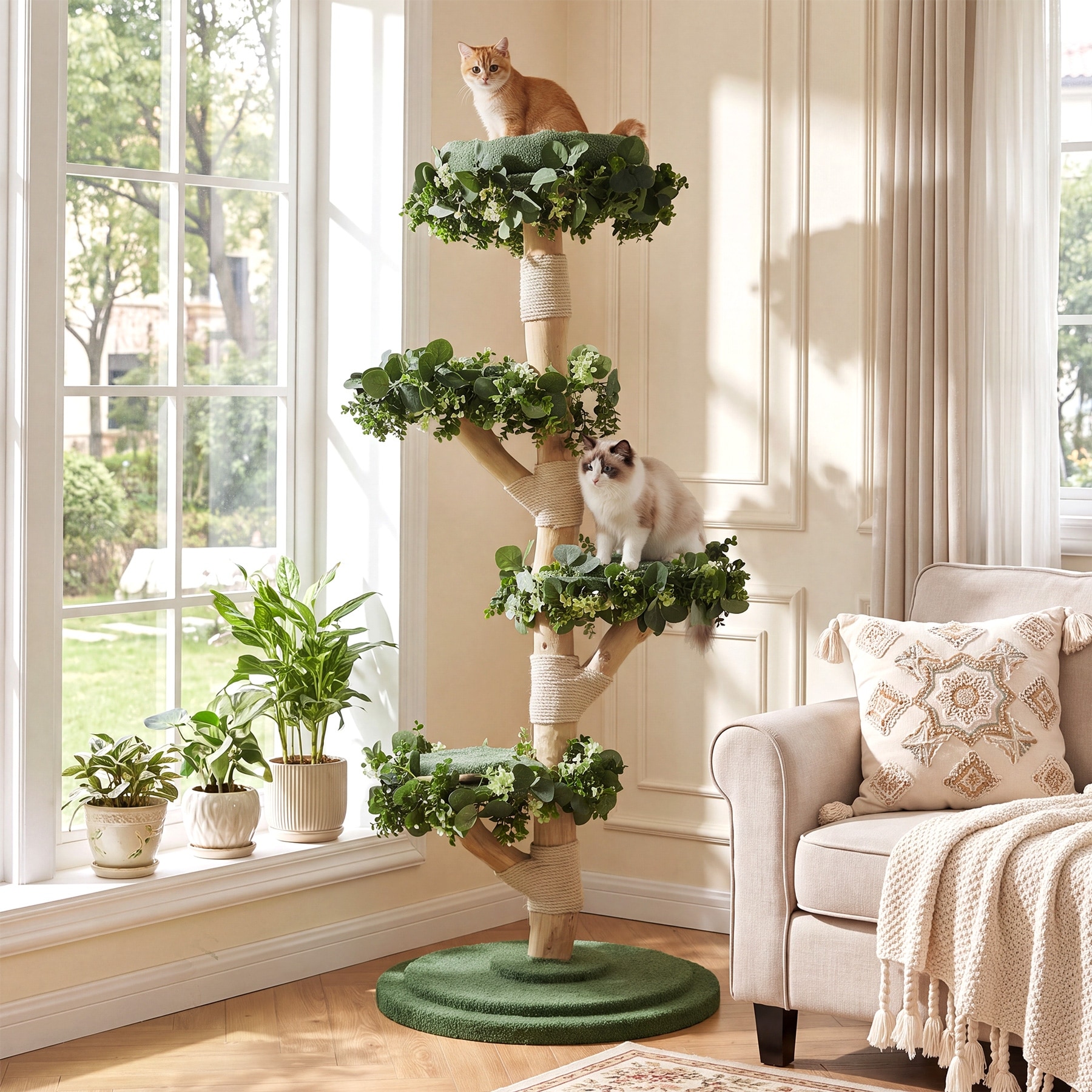 59 Inch Solid Wood Cat Tower for Large Cats with 4 Perches and Sisal Posts, Green - 23.62" W × 23.62" D × 59.06" H