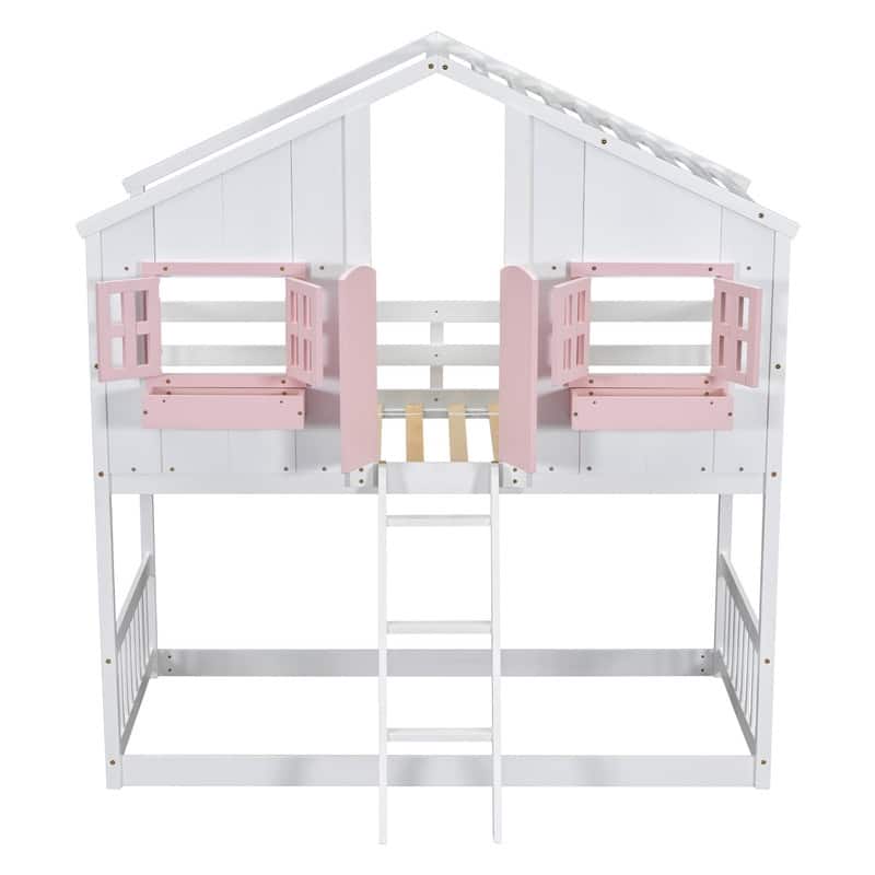 Twin over Twin House Bunk Bed with Roof , Window, Window Box, Door