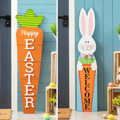 Glitzhome 42"H Easter Wooden Metal Carrot Bunny Porch Sign Spring Gifts