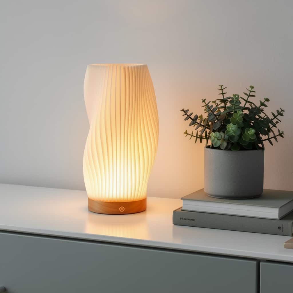 HomeRoots 9" Beige And Natural Wavy Geometric Battery Operated Table Lamp - 5.12 in. x 9.45 in. x 5.12 in.