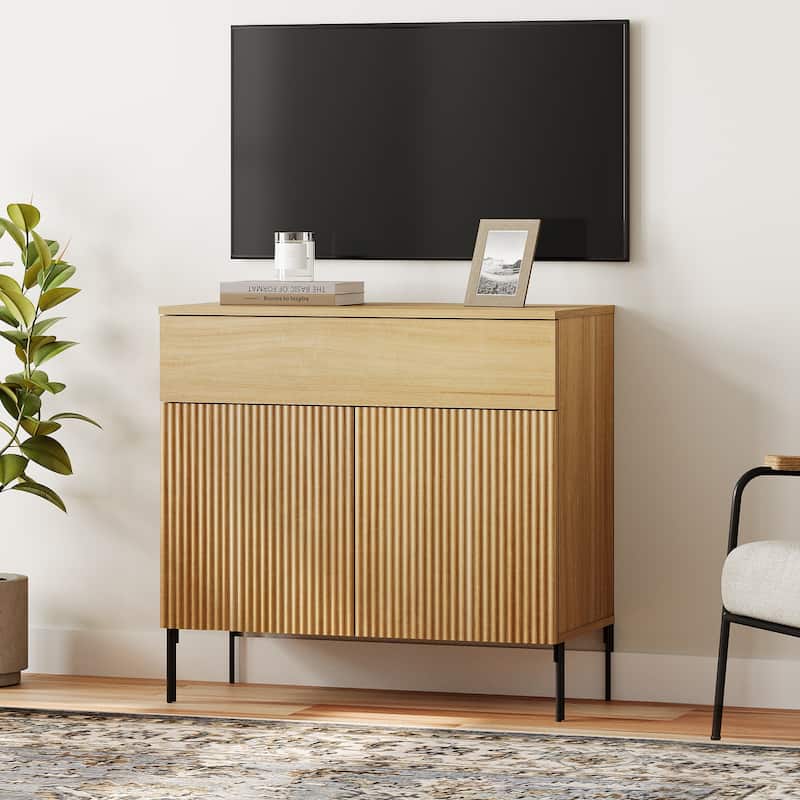 31.5" Modern Reeded TV Stand With Doors, Entertainment Center With Shelf, Wooden TV Console