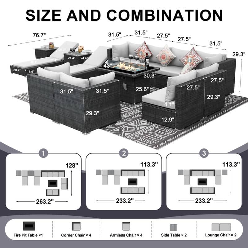FINCATI 13 Pcs Patio Outdoor Wicker Furniture Sectional Sofa Set with Lounge Chair