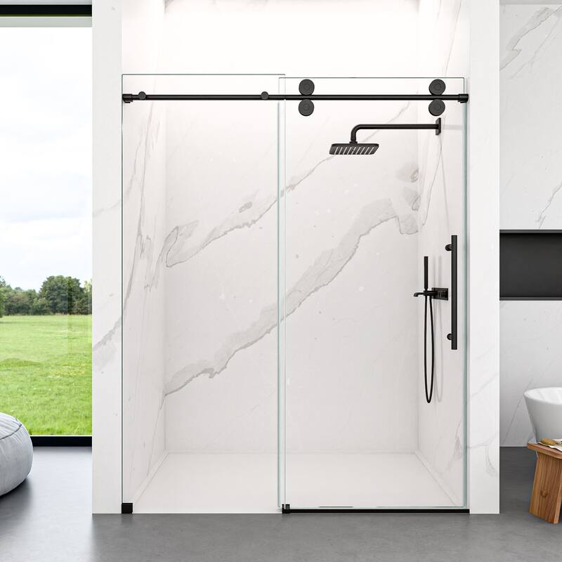 GDFStudio - Modern America Design Frameless Double Sliding Shower Door with 5/16" SGCC Tempered Glass & Stainless Steel Hardware - Matte Black - 44"-48"W x 76" H
