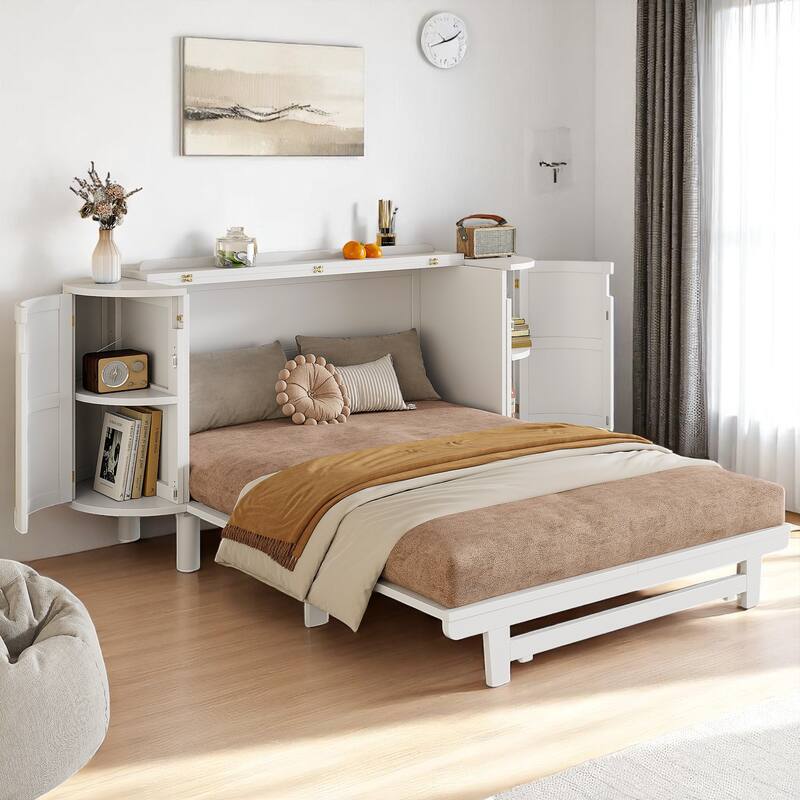 Full/Queen Murphy Bed with Hidden Storage, Rattan Front Drawers and Side Cabinets, Space-Saving Wall Bed - White - Queen
