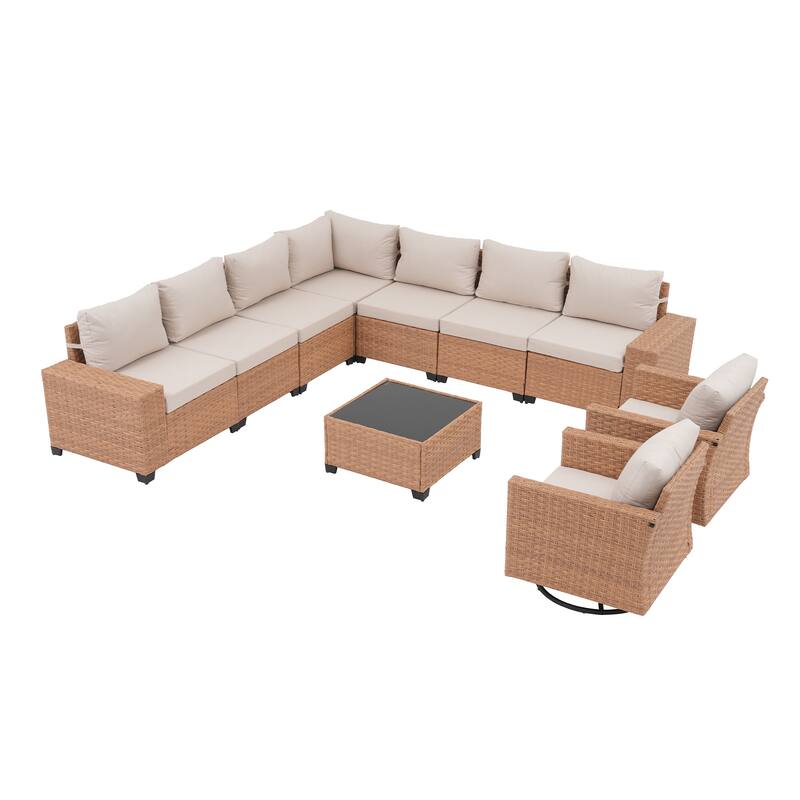 Outdoor L-Shaped Conversation Set Sectional Sofa 10-Piece Swivel Chair with Cushions Coffee Table PE Wicker Rattan