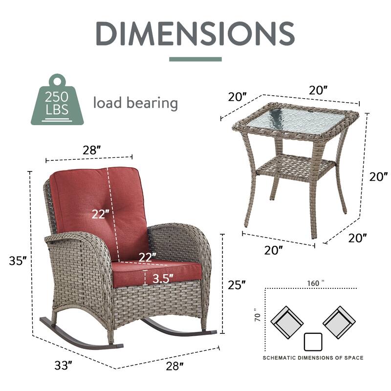 Pocassy 3 Pieces Outdoor Rocking Chairs with Side Table Patio Set.