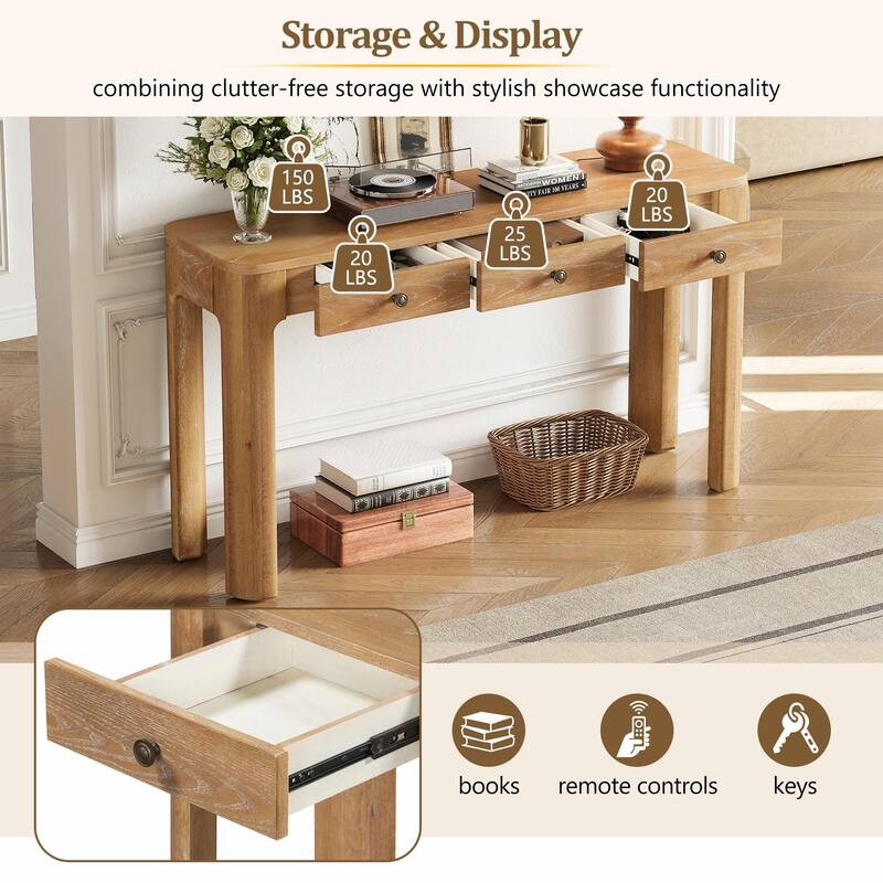 Rustic Console Table with Curved Corners for Safety - Entryway Table with 3 Concealed Drawers