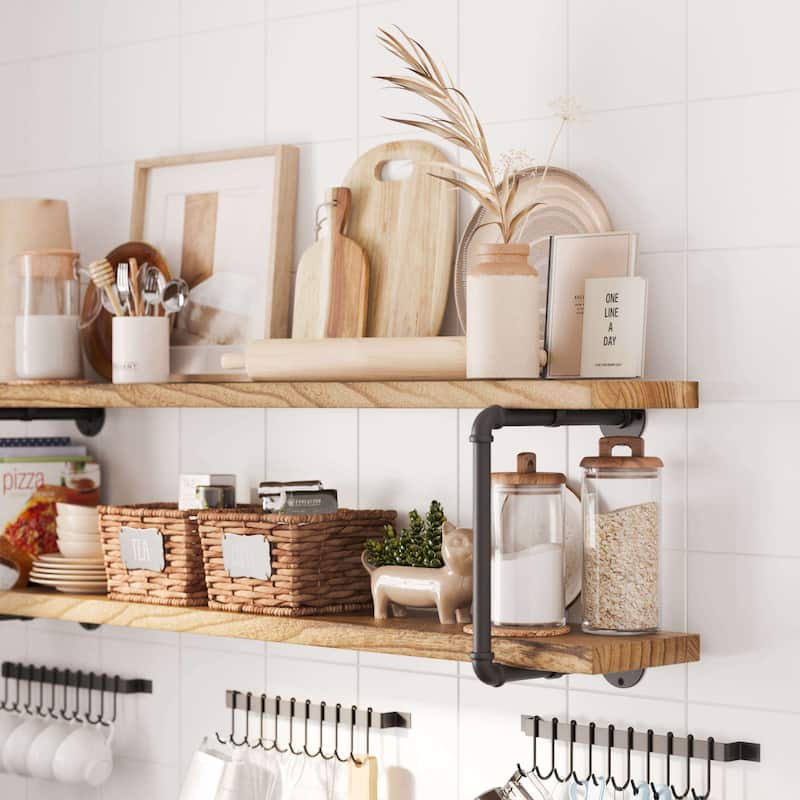 Wallniture 60"x 9.25" Industrial Pipe Shelf, Wood Wall Shelves, Floating Bookshelves for Wall, Burnt, 2 Tier