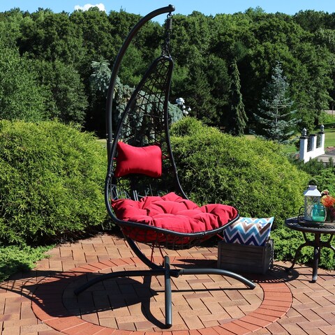 Sunnydaze Phoebe Hanging Lounge Chair with Seat Cushions and Steel Stand - Red