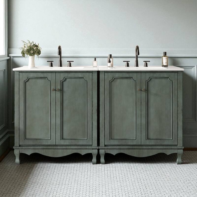60" Double Sink Bathroom Vanity Set with Ceramic Sinks, Vintage Wood Storage Cabinet with Antique Knobs & Adjustable Shelves - Antique Blue Green