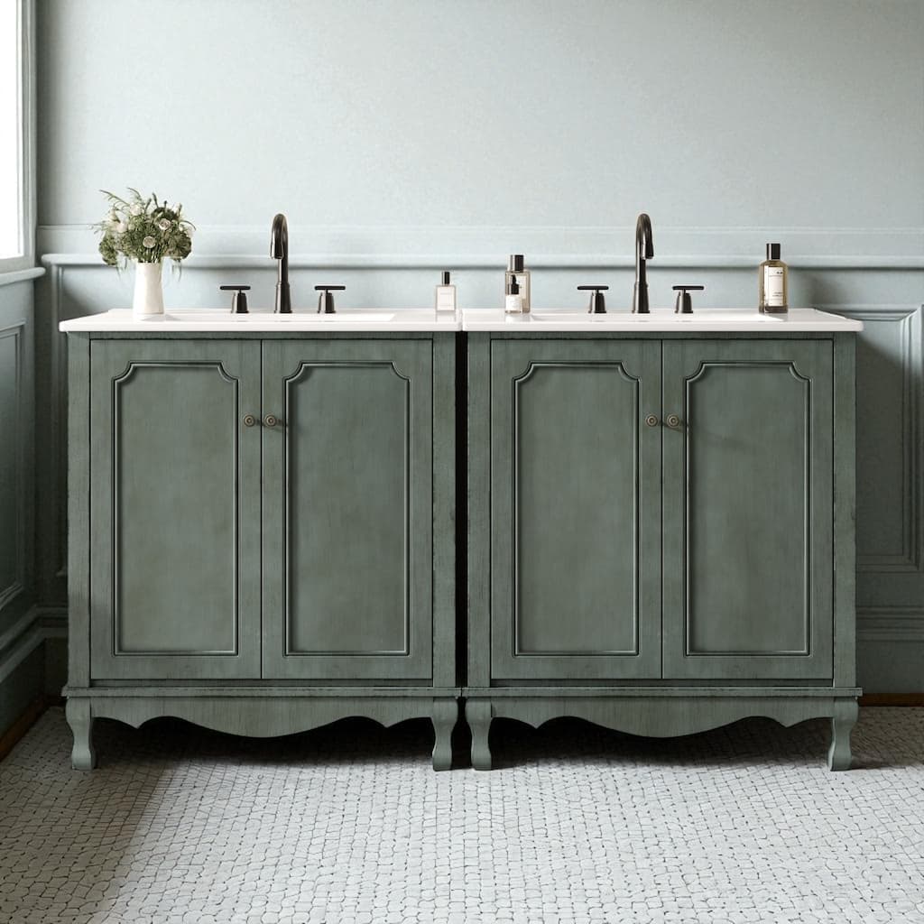 60" Double Sink Bathroom Vanity Set with Ceramic Sinks, Vintage Wood Storage Cabinet with Antique Knobs & Adjustable Shelves