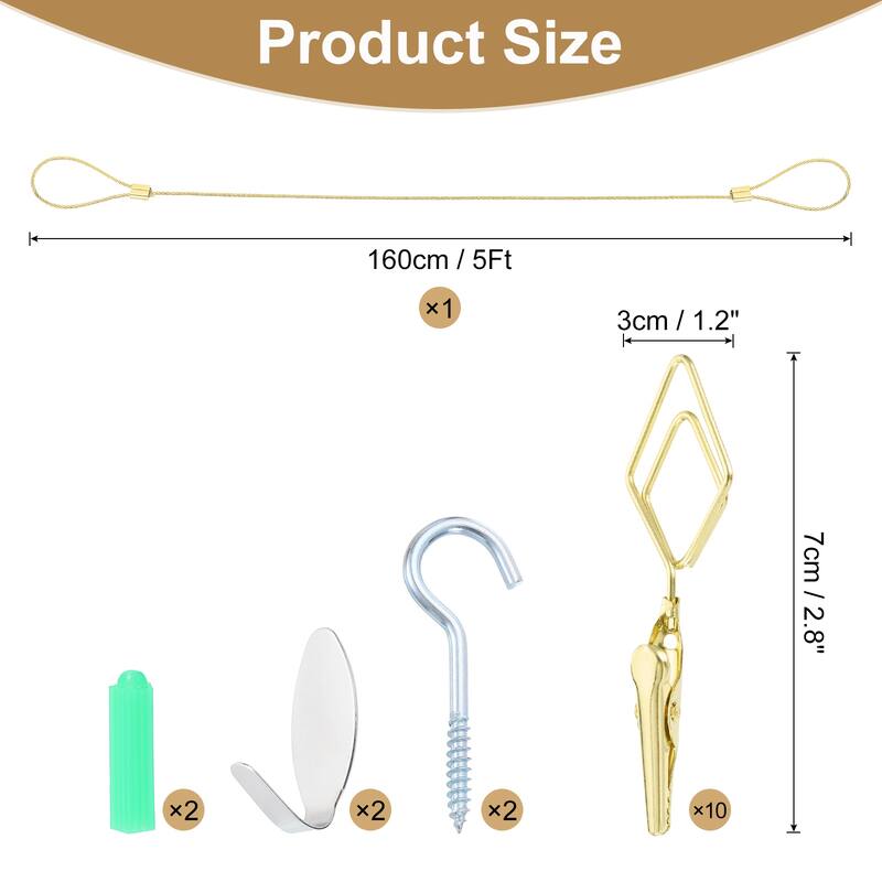 5Ft Wall Hanging Photo Display Cable Wire Rod with 10 Rhombus Clips - Gold