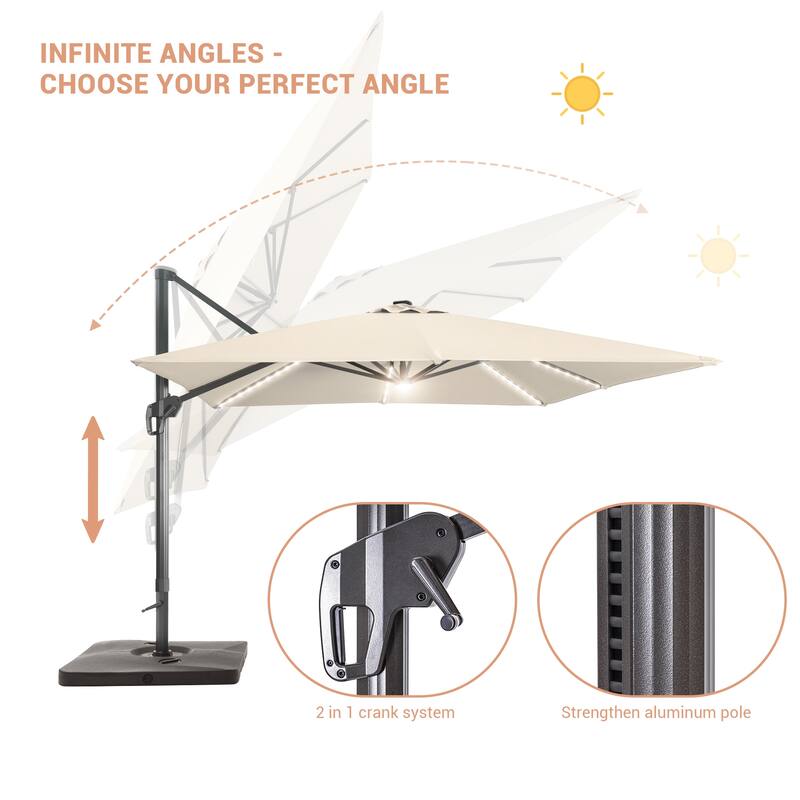 LIVOOSUN Patio10x10FT LED Aluminum Cantilever Umbrella Solution-Dyed Fabric w/Base