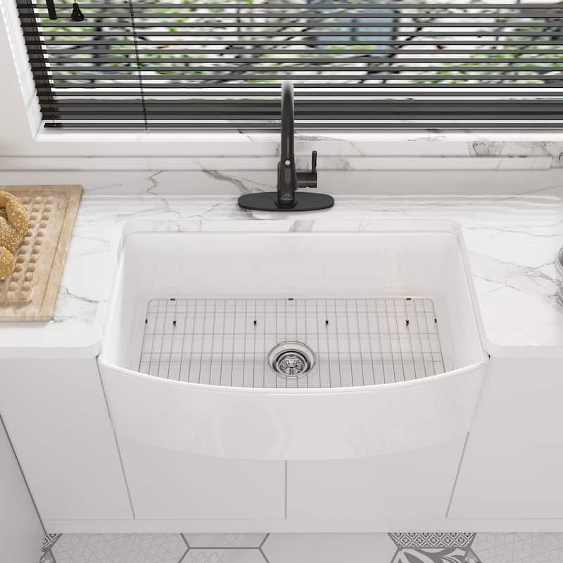 All-in-One Curved Design Single Bowl Farmhouse/Apron-Front Fireclay Kitchen Sink with Pull Down Kitchen Faucet and Accessories