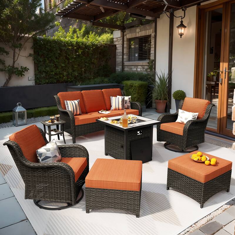 OVIOS 7-piece Patio Swivel Chair Set with 30" Fire Pit - Orange/Red-Brown Wicker