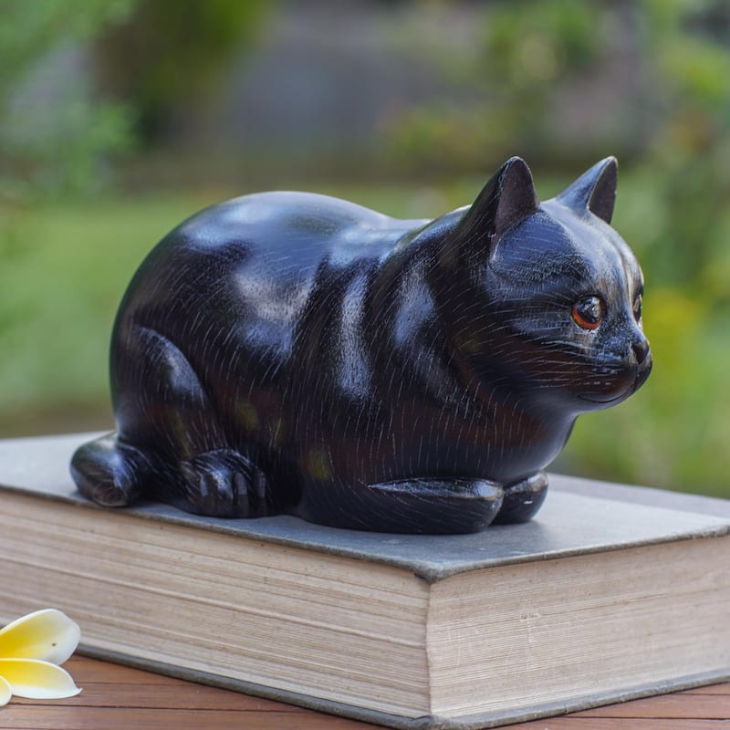 Novica Handmade Fat Cat In Black Wood Statuette