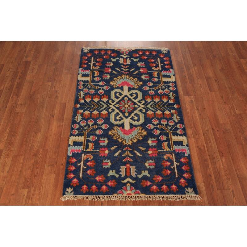 All-Over Blue Oushak Indian Foyer Rug Hand-Knotted Wool Carpet - 3'1"x 5'0"