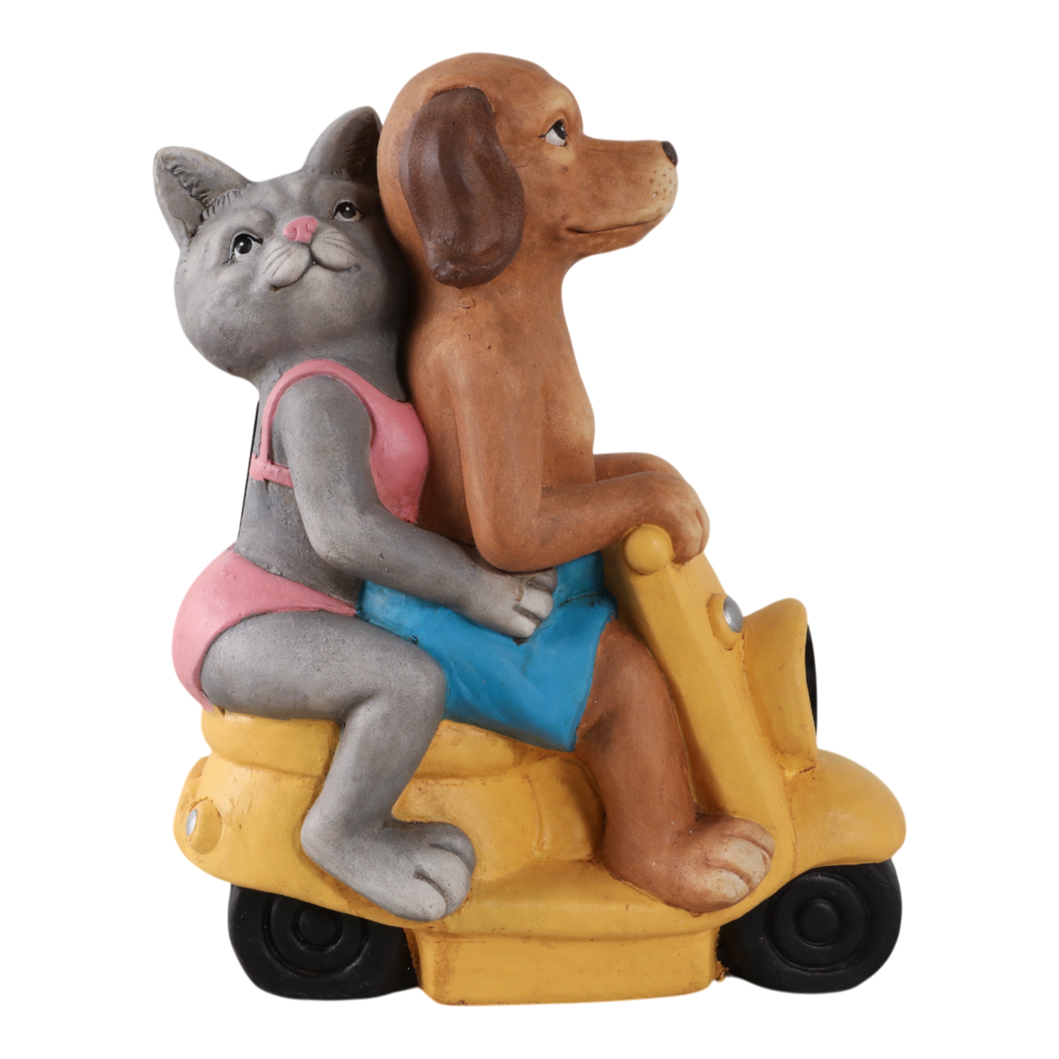 Polyresin Garden Statuary Dog and Cat on Scooter - 17" Yellow