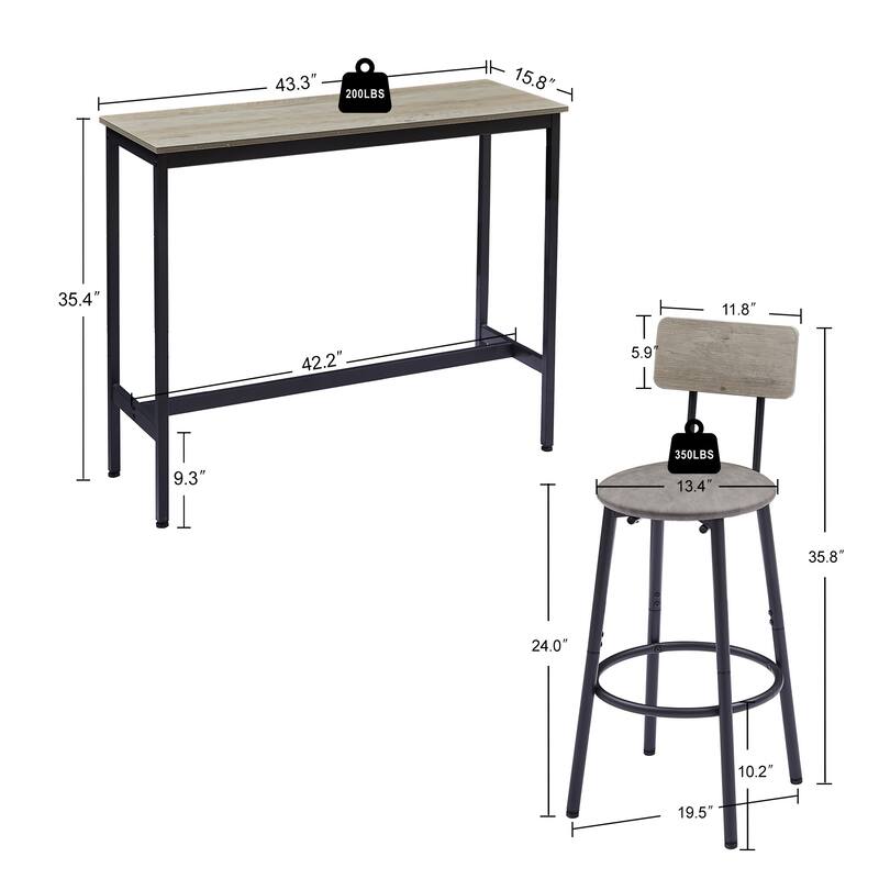 Industrial 3-Piece Metal Frame Bar Dining Set with 2 Stools
