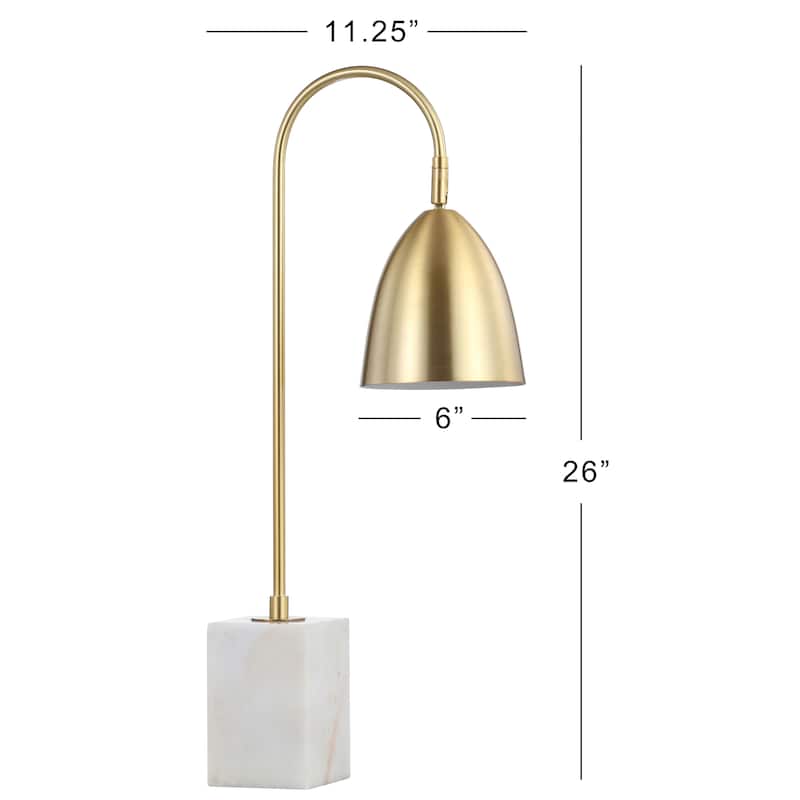 Vaughn 26" Gold Arched Metal with Marble Base LED Table Lamp, Brass Gold/White by JONATHAN Y