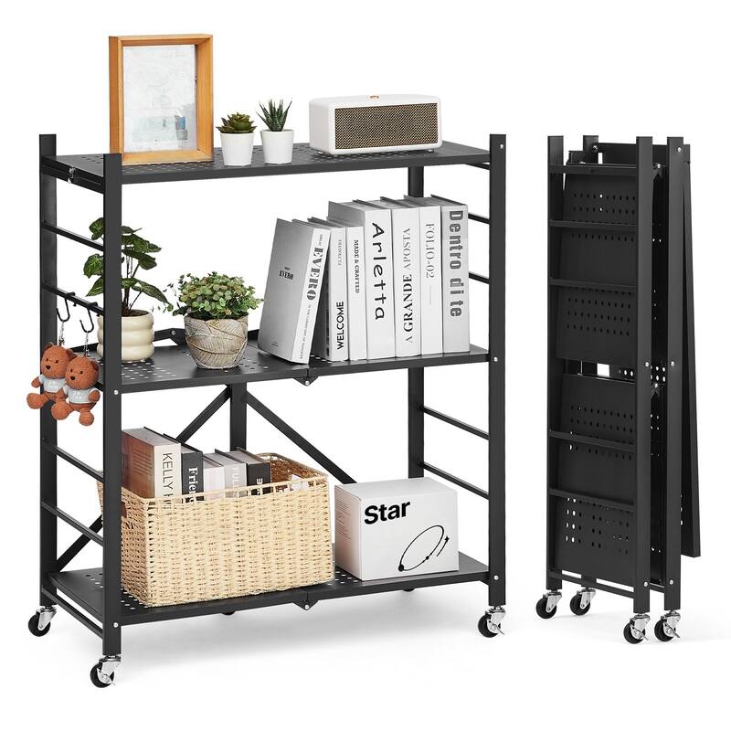 Black Carbon Steel Folding Garage Storage Shelf with 570 lbs Load, Wheels and J-Hooks - 13 x 30 x 36 in - Black