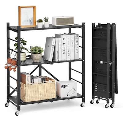 Black Carbon Steel Folding Garage Storage Shelf with 570 lbs Load, Wheels and J-Hooks - 13 x 30 x 36 in