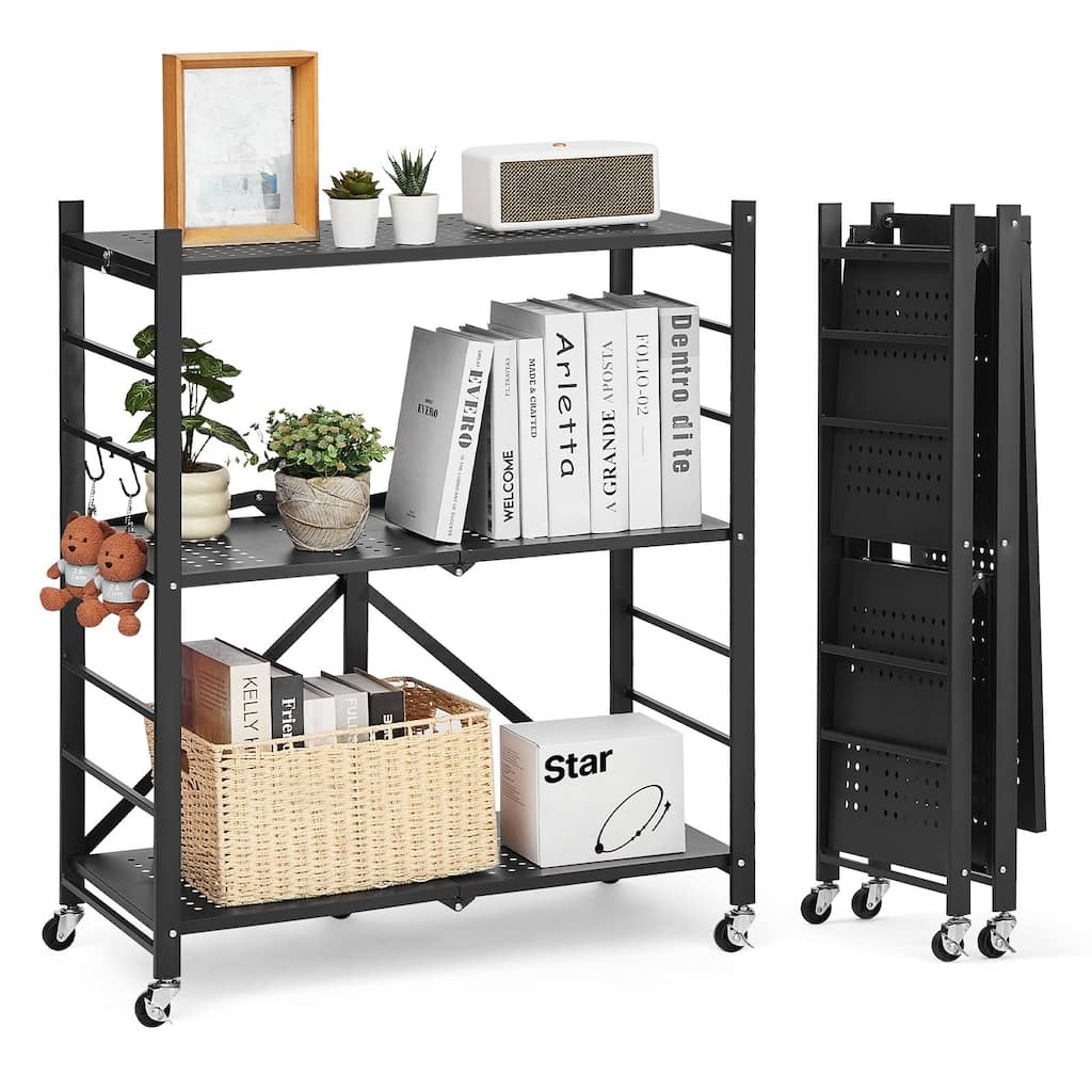 Black Carbon Steel Folding Garage Storage Shelf with 570 lbs Load, Wheels and J-Hooks - 13 x 30 x 36 in