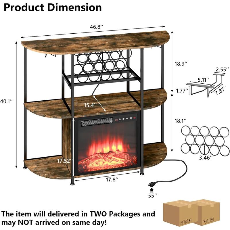 BOSSIN Wine Rack with Power Outlet and LED Lights, Home Bar Table Cabinet for Liquor with Fireplace,4-Tier Storage Glass Holder