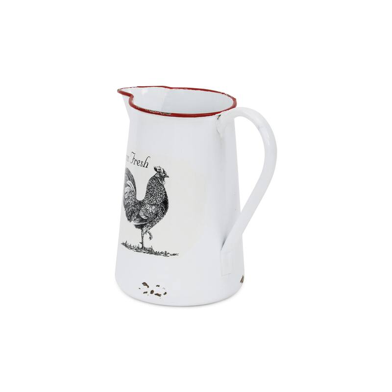 HomeRoots 8" Black And White Metal Farm Fresh Chicken Decorative Jug - 8.00 in. x 7.75 in. x 5.25 in.