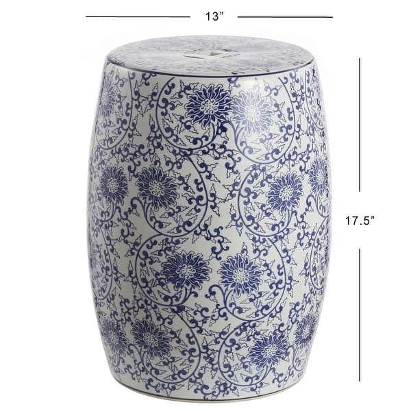 dimension image slide 0 of 2, JONATHAN Y Lotus Blossom 17.5" Chinoiserie Ceramic Drum Garden Stool, Blue/White