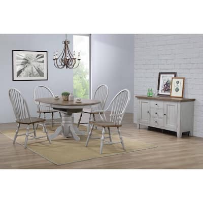 Extendable Dining Table Set - Round to Oval, 6 Chairs, Buffet, Gray & Brown Wood